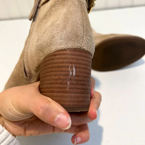 Tory Burch Sophia Tan Suede Block Heel Designer Bohemian Logo Booties 6 WORN - Picture 8 of 12
